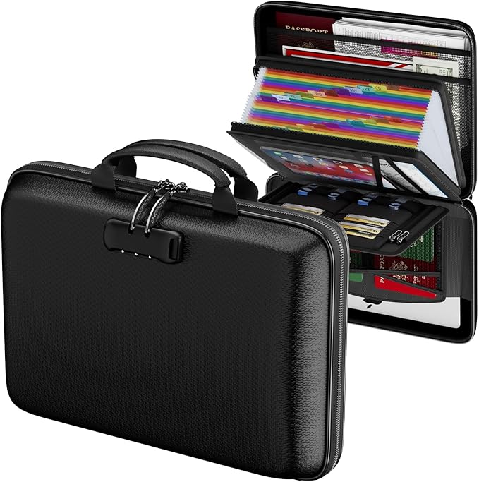 ENGPOW Fireproof Document Box with Lock, Hard Case Fire & Water Resistant File Organizer with 25-Pocket Accordion File Folder, Portable Home Office Safe Storage for Important Documents Laptop Black