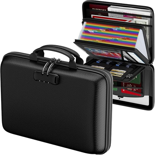 ENGPOW Fireproof Document Box with Lock, Hard Case Fire & Water Resistant File Organizer with 25-Pocket Accordion File Folder, Portable Home Office Safe Storage for Important Documents Laptop Black