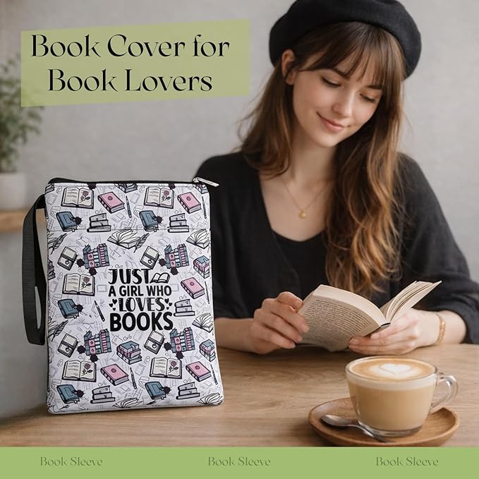 Book Sleeve with Zipper, Book Protector Pouch for Book Lovers, Fabric Book Cover with Front Pocket for Hardcover & Paperback, Travel Case Reading Accessories, Graduation Gift Bookish Gifts