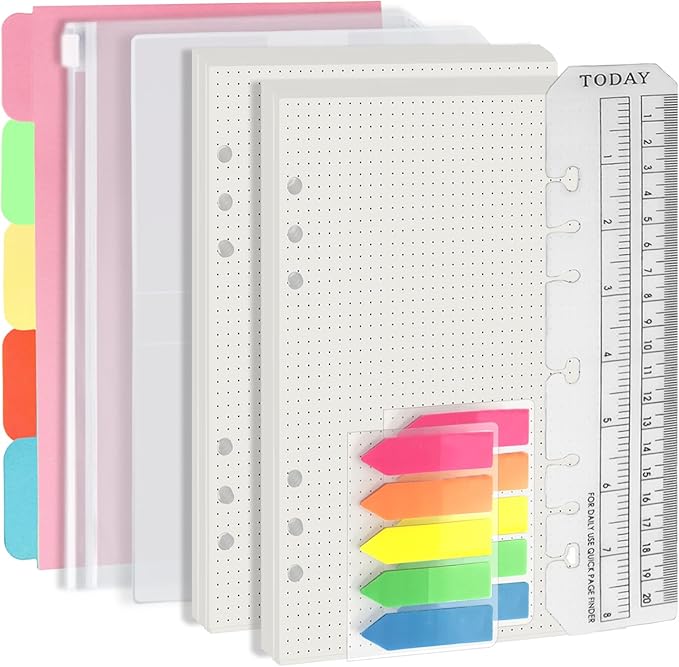 A5 6 Holes Binder Refill Value Set, 90 Sheets Dotted Planner Insert, 5 Sheets Binder Divider Paper, Today Bookmark Ruler With Inch Scale, Translucent Zippered Bag, Pvc Card Bag, 160Pcs Colorful Index