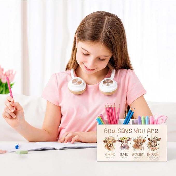 Inspirational Highland Cow Pen Holder for Desk Accessories Christian Highland Cow Gifts,God Says You Are Bible Verse Pencil Holders Wooden Box Organizer for Home Office Bedroom Desk Tabletop