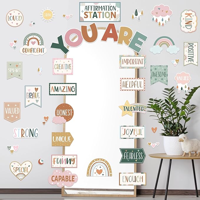 45pcs Boho Affirmation Station Bulletin Board Set Motivational Posters Classroom Mirror Growth Mindset Decor Positive Affirmations Accents Cutouts for School Office Home Teacher Wall Supply