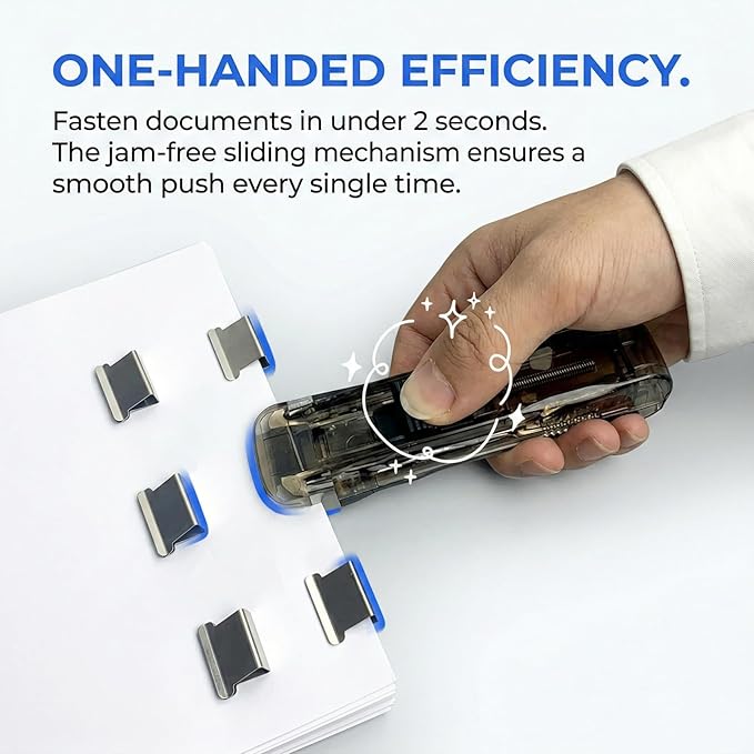 2 Pack Portable Binder Clip Stapler - Damage-Free Paper Clam Clip Dispenser with 200 Reusable Metal Clips, One-Hand Push Fastener Holds 40 Sheets for Office, School & Desk Organization, (Black)