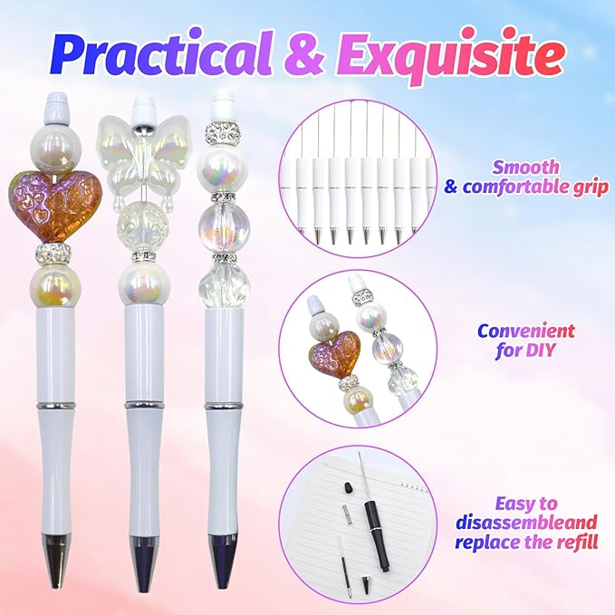 300 Pieces DIY Beadable Pen Kit – 100 Plastic Ballpoint Pens with Refills & Bags – School Supplies, Office Accessories & Decorative Items for Students & Teachers （White）