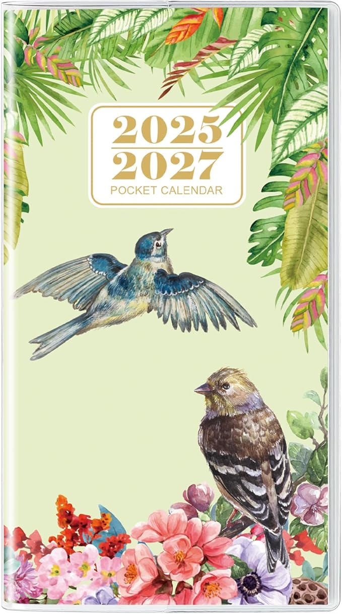 Pocket Calendar 2025-2027, Monthly Planner 2025-2027 - Runs from July 2025 Until December 2027-6.7" x 3.7", Bird Calendar Planner with PVC Cover for Planning, Organizing and Office