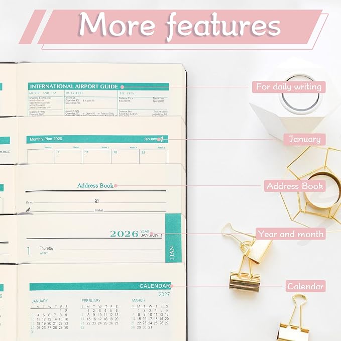 2026 Small Academic Planner 5.5" x 3.9" Hardcover Weekly and Monthly Calendar Planner Soft Leather Bound Cute Planner Goal Habit Tracker Organizer Planning Book with Tabs ,Daily Schedule School Office Schedule for Women Men (pink)