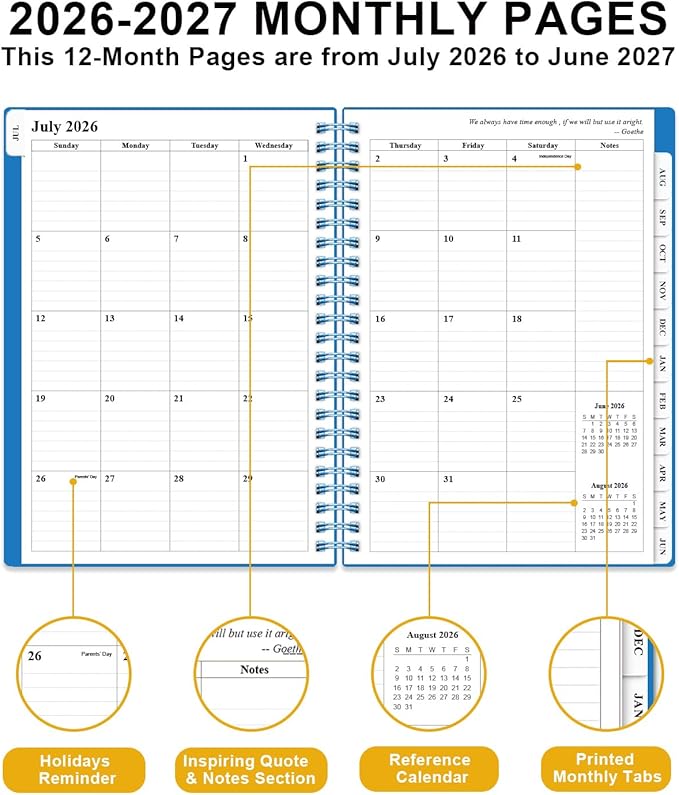 Academic Planner 2026-2027 - Weekly & Monthly Planner from July 2026 to June 2027, Agenda 2026 2027 with Inner Pocket, Elastic Band, 6.4" x 8.5", Blue