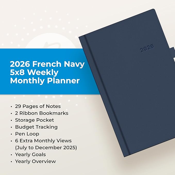 Blue Sky 2026 Weekly and Monthly Planner Calendar, January 2026 - December 2026, 5" x 8", Faux Leather Hard Cover, Bookbound, Tabs, Pen Loop, French Navy