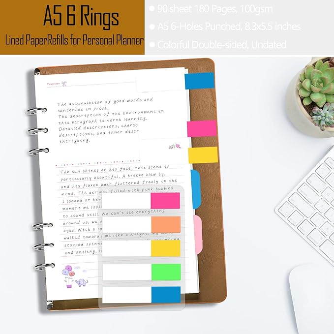 Rancco A5 Refill Line Paper, Colorful 6-Rings Binder Papers Refill, Filofax Notebook Inserts Refills Loose-leaf Binder Paper for Planner Journal Dairy, 90 Pages,Double-sided writing, 8.3x5.5", Memo