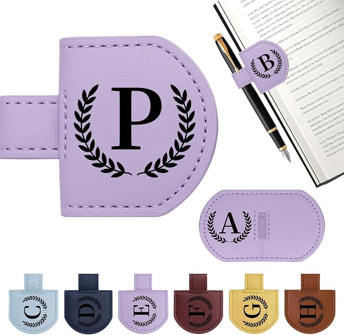 Personalized Magnetic Bookmark Pen Holder, Leather Book Marks for Reading Women& Men, Engraving 26 Letters Name Initial Bookmarks with Pencil Pen Holder, Gift for Book Lovers, Readers (Purple, P)