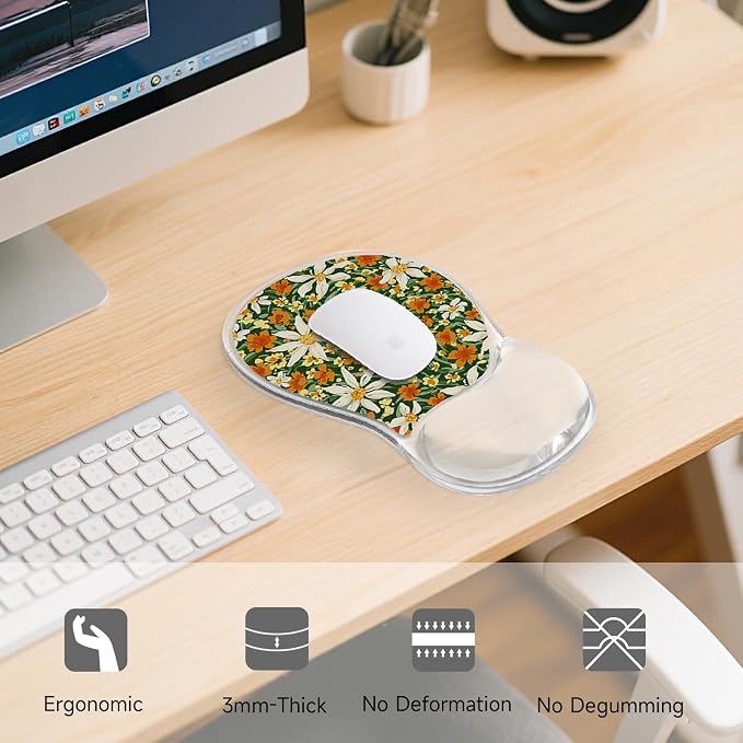 AUPET Ergonomic Mouse Pad with Gel Wrist Support – Non-Slip Mouse Mat with Comfortable Memory Gel Cushion – Relieves Wrist Pain – Designer Pattern for Home Office & Gaming (Sunny Daisy Patch)