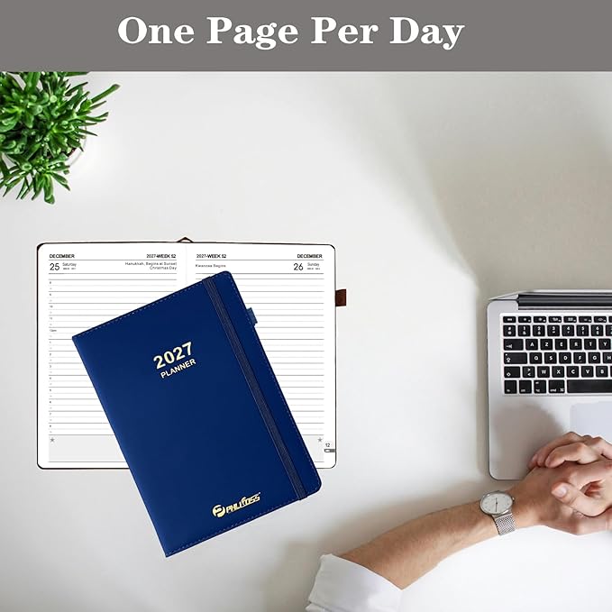 Daily Planner 2027 / Appointment Book, One Page Per Day, Jan - Dec 2027, Annual Daily Monthly Calendar Planner with Hourly Schedule and Monthly Tabs, 5.7" x 8.3" Agenda (Navy Blue)