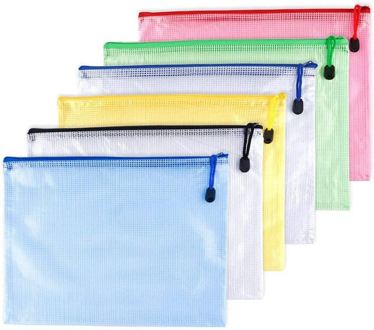 A3(17"x 11.5")-Mesh Zipper Pouch Plastic Zipper File Zip Document Folders for Office Supplies Travel Bags,6-Pcs,Multicolor