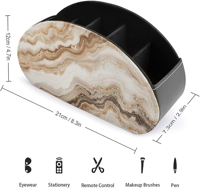 Beige Marble Texture Remote Control Holder with 5 Compartments Leather TV Remote Caddy Remote Storage Box Desktop Organizer for Pen/TV Remotes/Media Controllers/Office Supplies