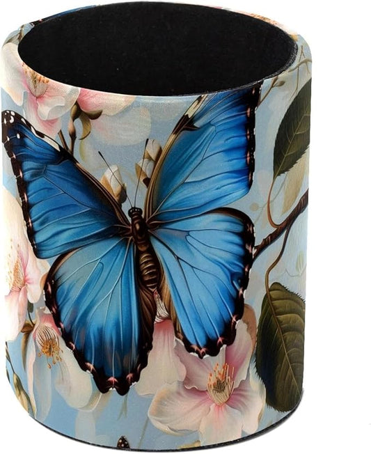 Desk Organizer Pen Holder for Desk, Blue Butterfly on Blossom Pencil Holder, Large Capacity Pen Cup Makeup Brush Holders Desktop Office Supplies Storage Organizer