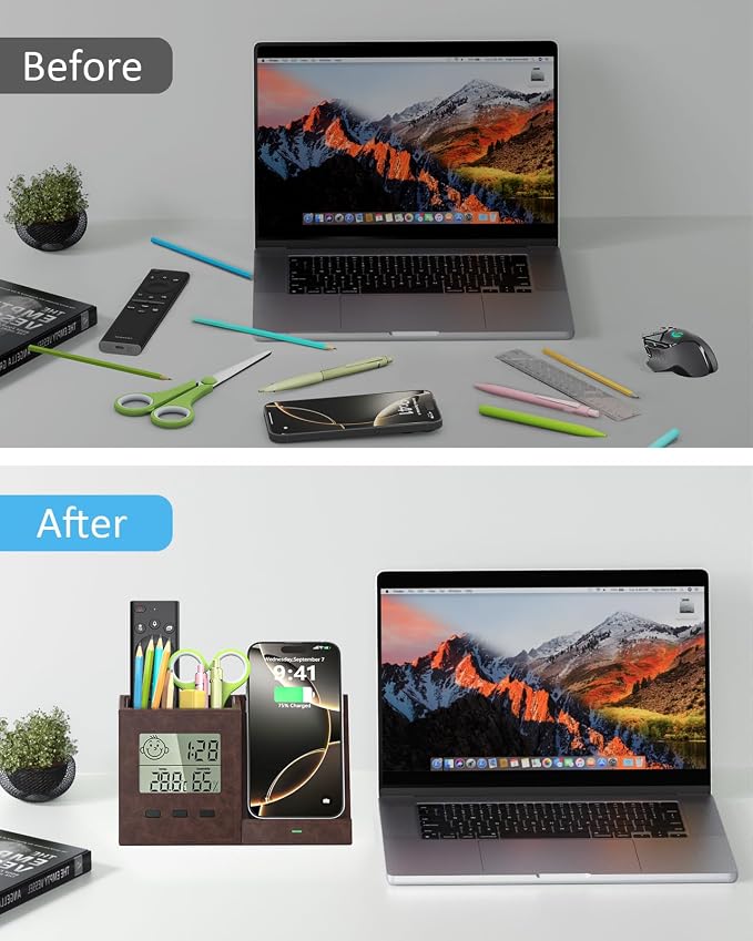 Multifunctional Pen Holder and Organizer for Desk with Wireless Charger, Digital Indoor Thermometer and Humidity Gauge, Home Office Organizers and Storage (Battery Included)