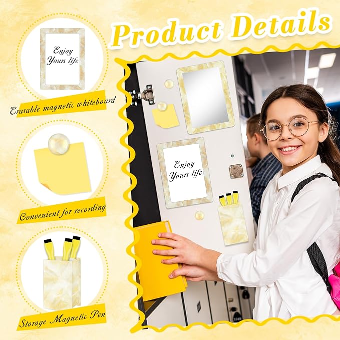 Magnetic Locker Marble Accessories Kit Pale Yellow Back to School Essentials Locker Organizer Supplies Include Mirror Whiteboard Pen with Holder Magnet Magnetic Buckle Back to School Essentials
