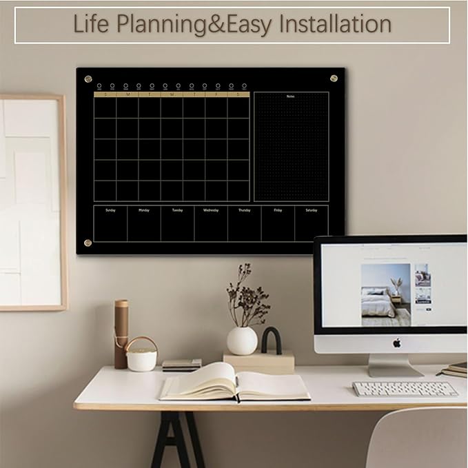 Black Glass 3-1 Monthly Dry Erase Calendar Whiteboard for Wall,20"x 30",Frameless Mounting,Office/School/Home, Frameless Large Planner White Board