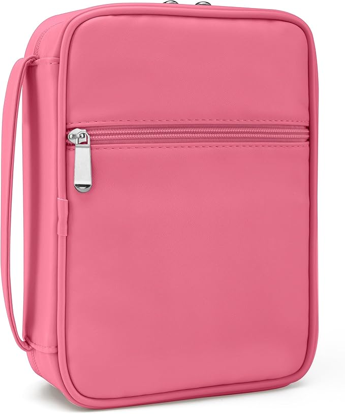 Small Bible Cover Case for Women and Men, 9x6 PU Leather Bible Sleeve, Compact Travel Bible Carrier Bag with Front Pen Holders, Zipper Closure, Inner Pockets - Hot Pink