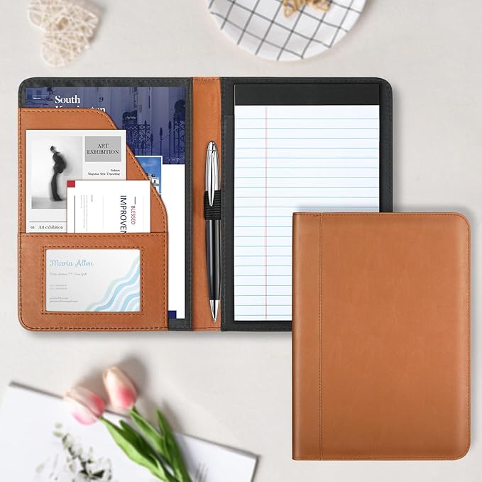 Portfolio/Business Padfolio Binder, Mini Size Document Folder Organizer, Padfolio with Interior Pocket and Pen Loop, 5 x 8 Writing Pad Included, Brown