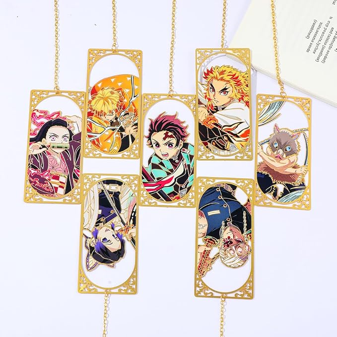 Demon Kamado Bookmark Page Mark, Anime Tanjiron Zenitsu Giyuu Kyoujurou Figure Hollowed-Out Metal Book Mark Reading Tool, Stationery Gifts for Reading Lovers Bookworm (7pcs)