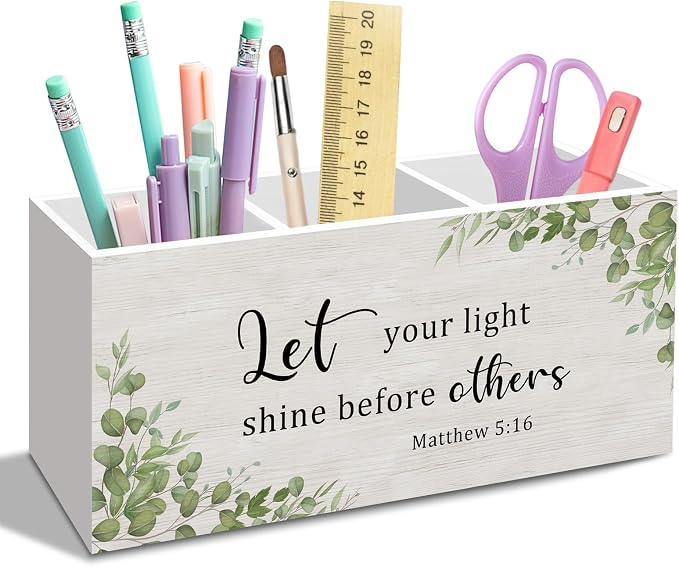 Green Eucalyptus Pen Pencil Holder for Desk, Sage Green Christian Office Desk Accessories Decor, Let your light shine before others Pen Holders Organizer for Home Classroom Bathroom