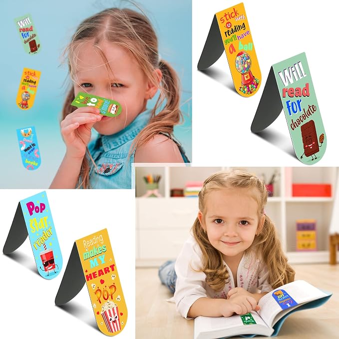 48 Pack Scented Bookmarks Magnetic Scratch and Sniff Fruit Food Bookmarks for Kids Cute Page Markers with Sayings for Kids Students Teens Teachers (Food Flavor)