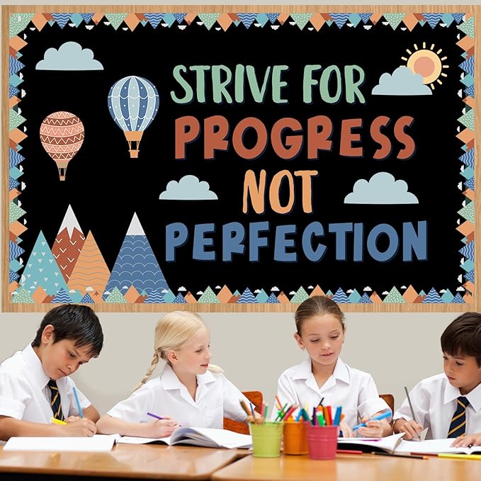 gisgfim Motivational Bulletin Board Decorations Strive for Progress Not Perfection Paper Cutouts Mountain Hot Air Balloon Bulletin Board Set for Back to School Classroom Chalkboard Wall Decor Supplies