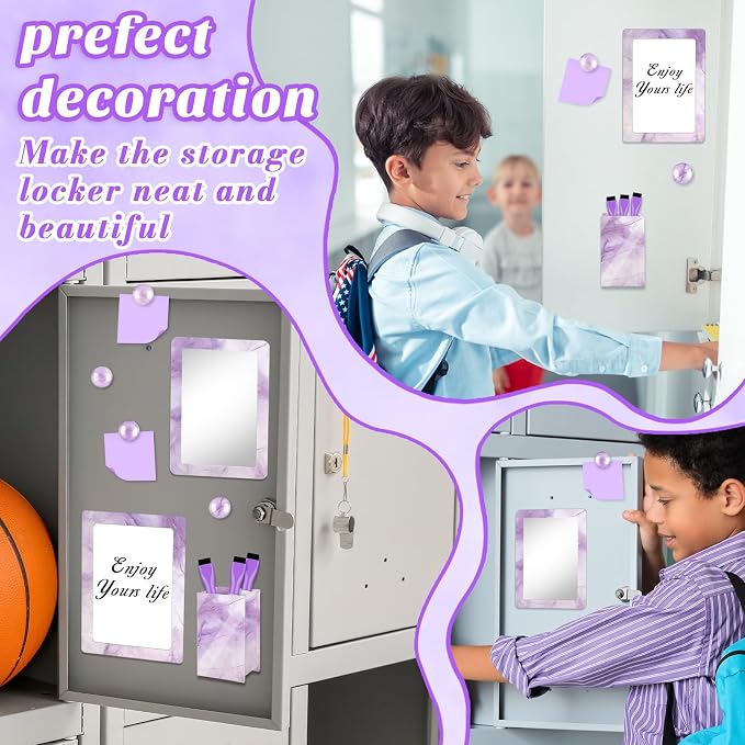Denylo pro Magnetic Locker Marble Accessories Kit Purple Back to School Essentials Locker Organizer Supplies Include Mirror Whiteboard Pen with Holder Magnet Magnetic Buckle Back to School Essentials