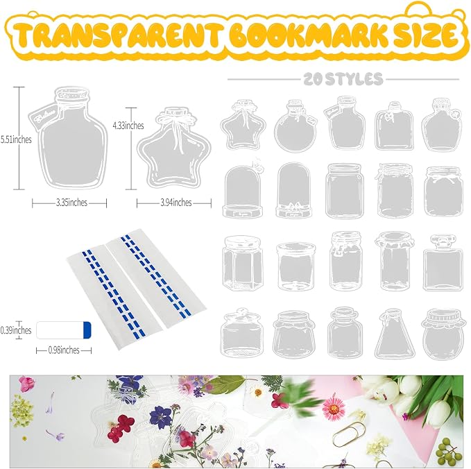 40Pcs DIY Bookmarks Kit, Transparent Dried Flower Bookmark, Filling Bookmarks with Flowers, 20 Styles Handmade DIY Bookmark Comes with 48Pcs Tab to Make Easier (Style 1)