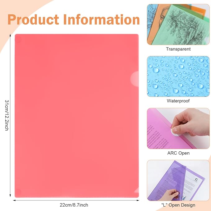 Fainne 300 Pcs Plastic Document Folders Clear File Folders Plastic Pockets Sleeves Letter Size 8.7 x 12.2 Inches A4 Assorted Colors for Office Supplies (Colorful)