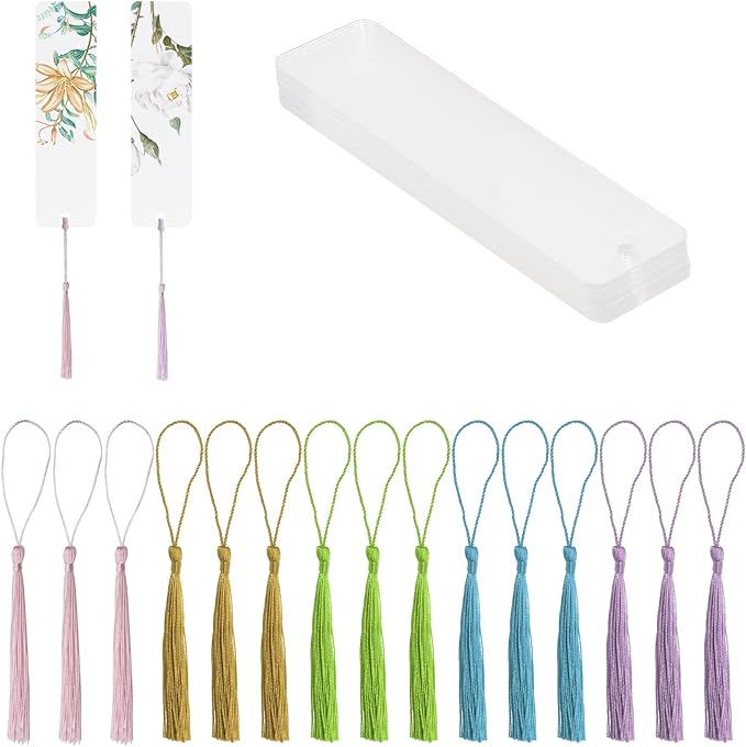 Clear Acrylic Bookmarks Penta Angel 15Pcs Rectangle Plastic Craft Transparent Blank Acrylic Book Markers with 15Pcs Small Bookmark Tassels for DIY Projects and Graduation Gift Tag (15)