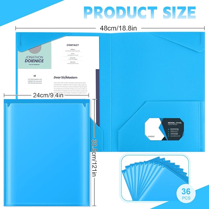 Henoyso 36 Pack Lake Blue Plastic Folders with Clear Front Pockets Heavy Duty File Folders with 2 Pockets and Card Slot for Student Communication School Office Presentation Report