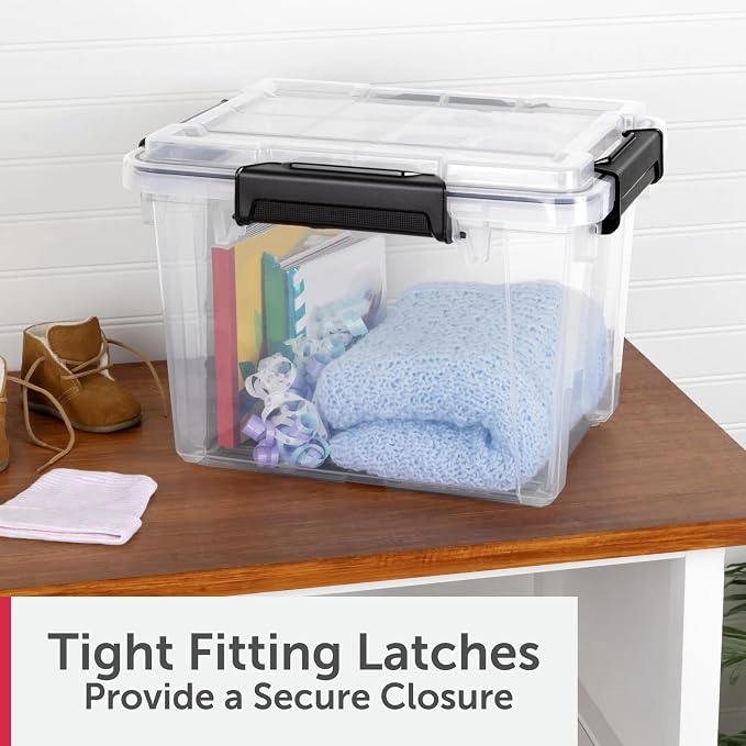 19 Qt Storage Box with Gasket Seal (Clear/Black), Heavy Duty Plastic Latching Tote, Small Stackable Container for Home Office, Basement, Garage, Storing Valuables, Files, and Supplies