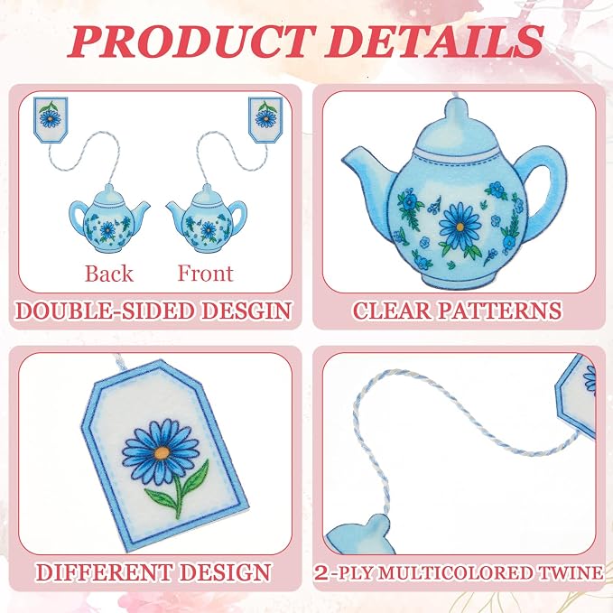 Resurhang 8 Pcs Pastels Teacup Teapot Bookmarks with Floral Design Cute Tea Bag Felt Bookmarks Gift Bulk for Mother, Tea Party Favors, Teacher, Book Lovers, Unique Gift for Women, Bookworms