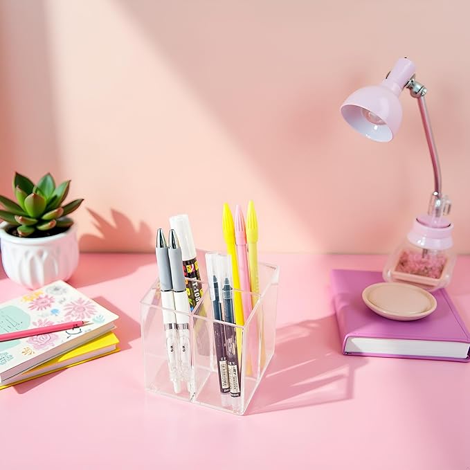 Clear Acrylic Pencil Pen Dry Erase Marker Holder Cup, Makeup Brush Holder Acrylic Desk Accessories, Plastic Silverware Utensil Holder for Office, Party Bedroom Bathroom Dorm (Clear, 4 Compartments)