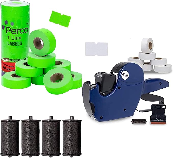 Perco 1 Line Fluorescent Green Labels - 1 Sleeve, 8,000 Blank Pricing Labels Bundled w Perco Pro 1 Line Price Gun with Labels Kit & Ink Roll for Perco Pro 1 Line & Perco Pro 2 Line Perco Labelers
