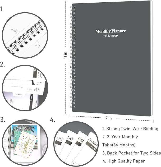 2026-2029 Monthly Planner/Calendar - July 2026 - June 2029, 3 Year Months Planner 2026-2029, 9'' x 11'', 36 Monthly Tabs, 2-Side Pocket, Gray