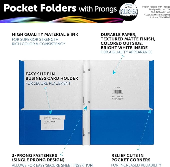 FILE-EZ Two-Pocket Folders with 3-Prong Fasteners, Blue Color, 25-Pack, Durable Textured Paper, Matte Finish, Letter Sheet Size (EZ-92523)