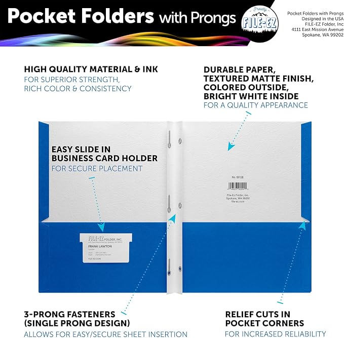 FILE-EZ Two-Pocket Folders with 3-Prong Fasteners, Assorted Colors, 25-Pack, Durable Textured Paper, Matte Finish, Letter Sheet Size (EZ-92500)