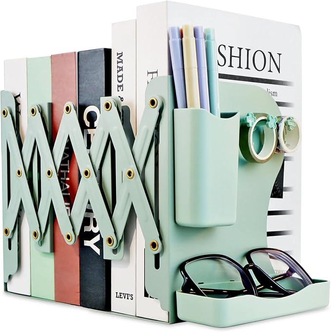 Heavy Duty Bookends Adjustable Book End, Desk Book Holder for Shelves, Book Organizer for Desk, Suitable for Office Home School (19.69 inches Max) (Green)