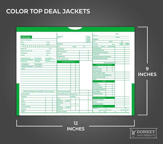 Printed Color Top Detailed Deal Jackets (100 per pack) - Vehicle Dealer Envelopes (Green)