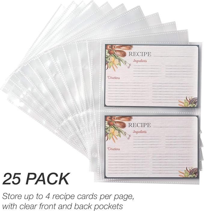 Samsill 4x6 Recipe Card Protectors, Splatter Proof, 2-4 Recipe Cards Per Sheet, Fits 8" x 9" - 3 Ring Binders, 25 Pack