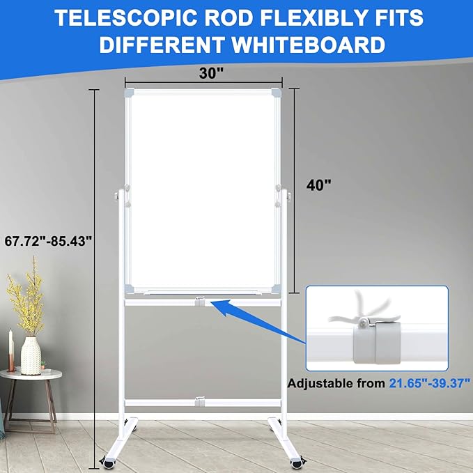Max-officoo 30"x40" Double Sided Whiteboard & Cork Board on Wheels Adjustable Height & Angle Mobile Magnetic Dry Erase Board with Rolling Stand