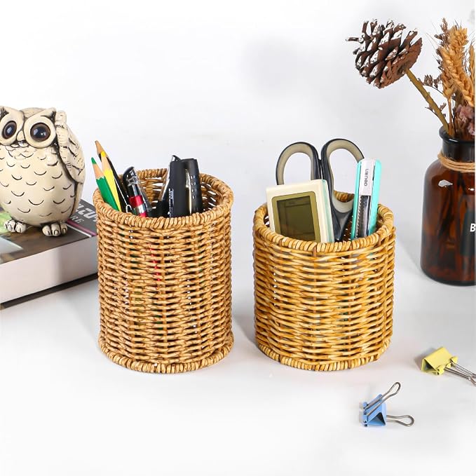 Synthetic Rattan Desk Organizer | Boho Handwoven Eyeglasses Holder Stand | Desktop Storage for Pens, Scissors, Markers | Natural Home Office Decor