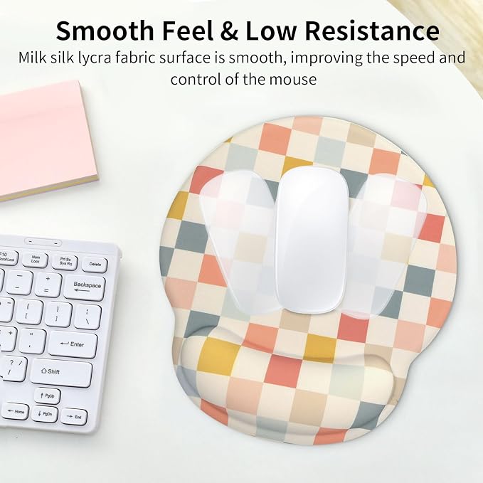 Retro Checkered Mouse Pad with Support Wrist Rest,Cute Funny Boho Ergonomic Mouse Pad with Non-Slip Base for Office Gaming Working Computers,Desk Accessories Pain Relief,Colorful