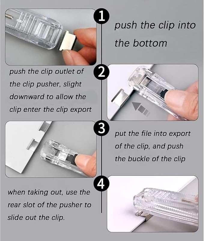 Reusable Desktop Stapler with Clip Dispenser, Refillable Office Stapler Set with 100pcs Reusable Refill Clips, Portable Desktop Push Staplers Binder Clips Paper Clamps (2PCS Black)