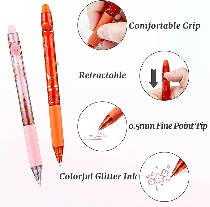 12 Colors Cute Glitter Erasable Pens, 0.5mm Fine Point Colored Retractable Gel Pens, Smooth Writing Ink Pen Marker Make Mistakes Disappear for Coloring Note-Taking Supplies