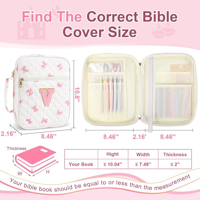 Personalized Initial Bible Cover Case for Women Girls Kid - Large Quilted Bible Case with Handle,Chenille Letter Bag Study Supplies,Christmas Gifts for Christians Birthday Graduation(Pink Bow-V)