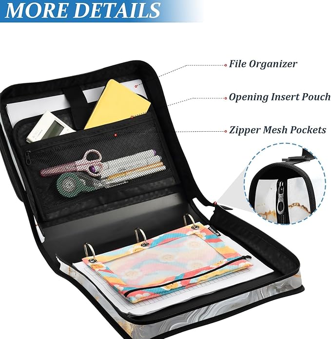 ALAZA White & Gold Marble 3 Ring School Zipper Binder Bag Expanding File Folder Case Briefcase with Shoulder Strap